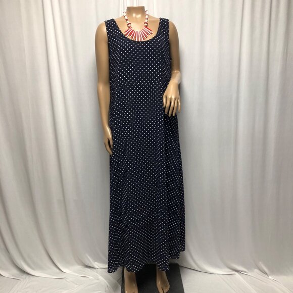 Sarah Chapman Maxi Dress Womens Size Large Navy White Polka Dot Sleeveless Comfy - Picture 1 of 7